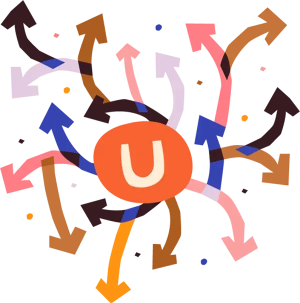 Illustratie van een oranje Umbraco-logo met gekleurde pijlen die alle kanten op wijzen, content naar meerdere kanalen
