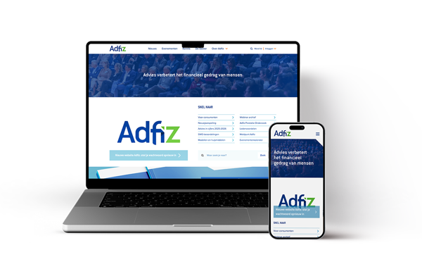 Website van Adfiz met "Advies verbetert het financieel gedrag van mensen" op een laptop en een smartphone