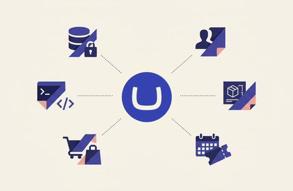 Schema met het Umbraco-logo in het midden, verbonden met iconen voor database, code, webshop, gebruikers, producten en agenda