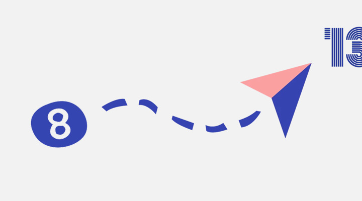 Gestippelde lijn met een papieren vliegtuigje van het Umbraco 8-logo naar het Umbraco 13-logo