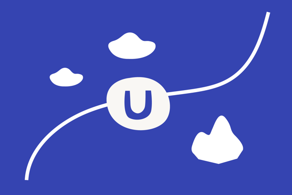 Illustratie van het Umbraco-logo op een stijgende lijn tussen witte wolken op een blauwe achtergrond