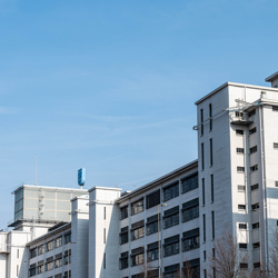 Witte industriële gebouwen tegen een strakblauwe lucht