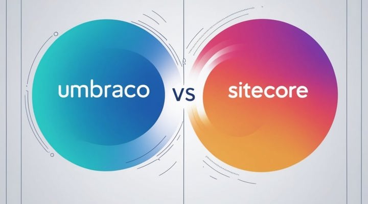 Een blauwe cirkel met umbraco en een oranjeroze cirkel met sitecore, met vs ertussen