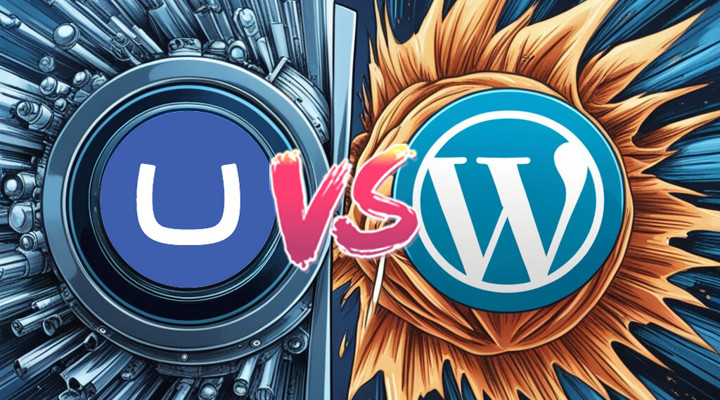 Het Umbraco-logo en het WordPress-logo tegenover elkaar met VS ertussen, in een dynamische illustratie