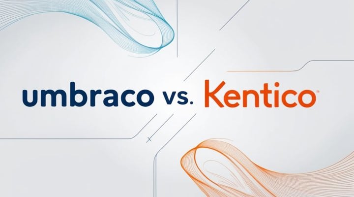 Titelbeeld met de tekst umbraco vs. Kentico tussen blauwe en oranje golvende lijnen op een lichte achtergrond